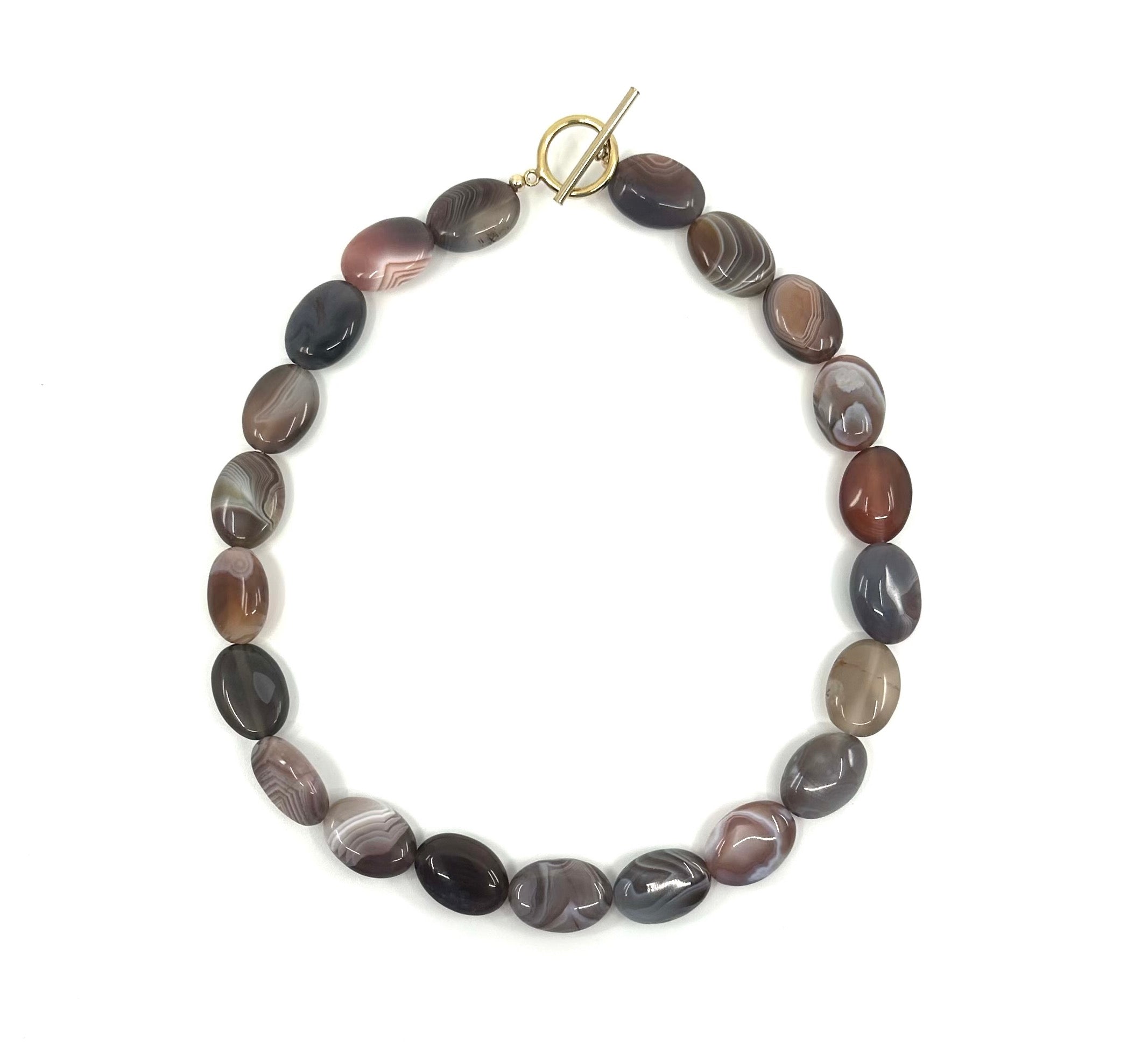 Elegant Botswana agate choker by rraine featuring natural Botswana agate stones and a gold-filled clasp, measuring 15 inches in length.