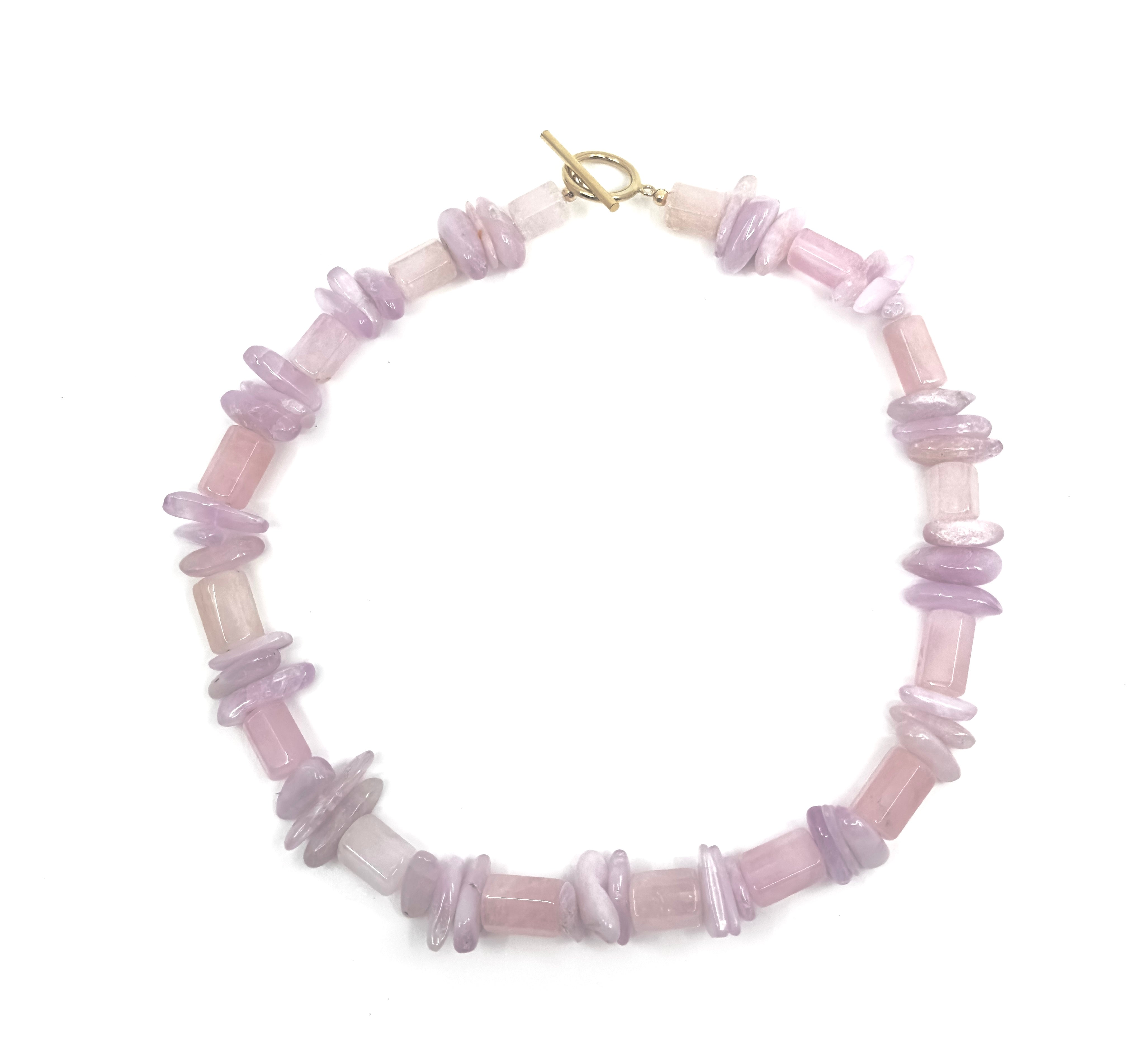 Elegant morganite and kunzite chip choker with gold-filled clasp, 16.25 inches long.