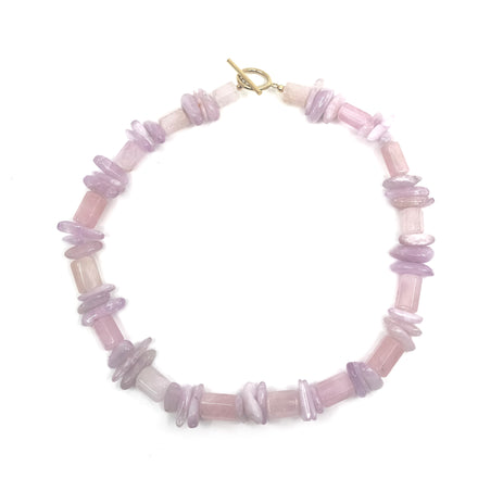 Elegant morganite and kunzite chip choker with gold-filled clasp, 16.25 inches long.