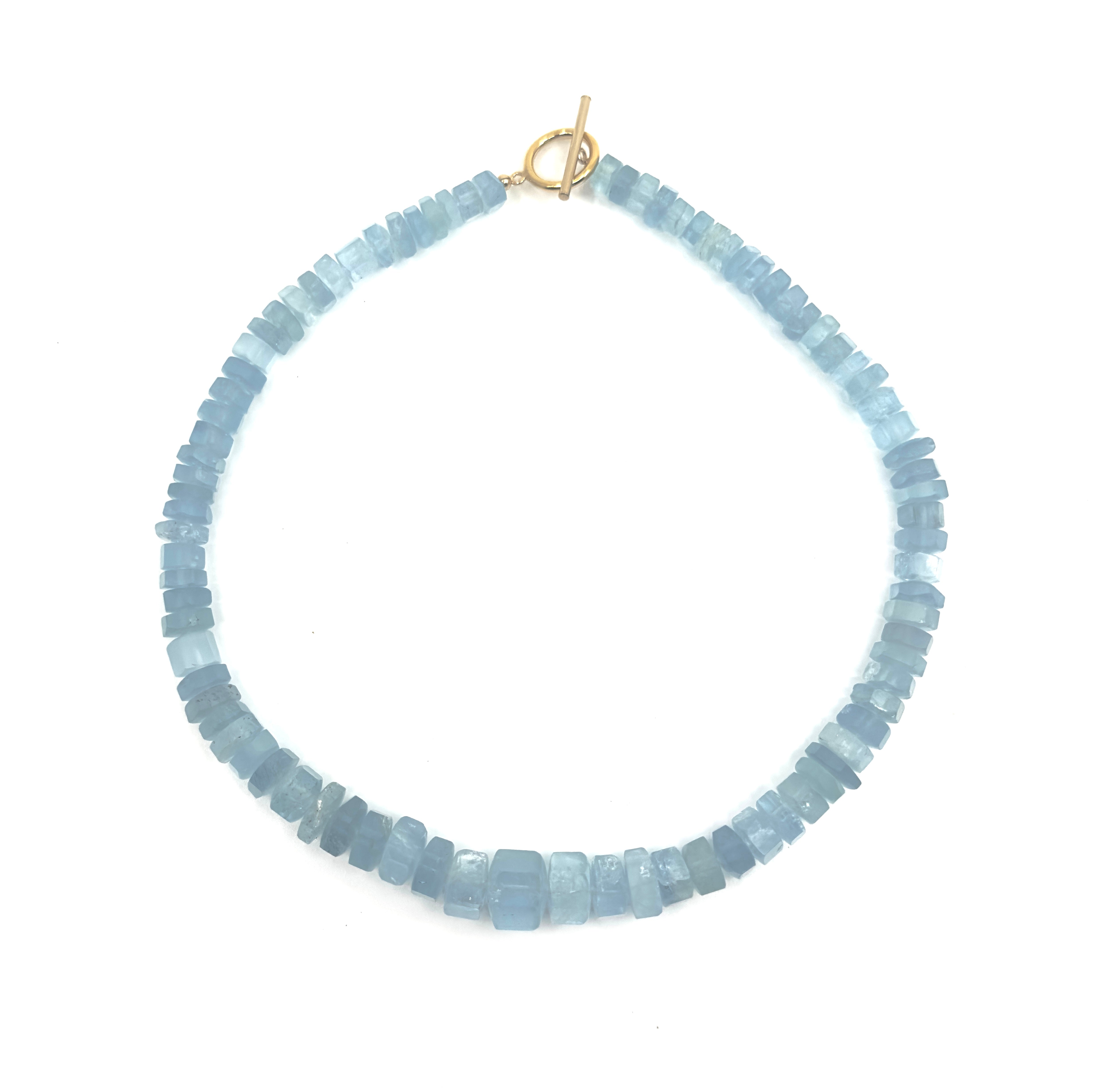 aquamarine choker by Rraine Jewelry featuring natural aquamarine stones and a gold-filled clasp, measuring 16.5 inches in length