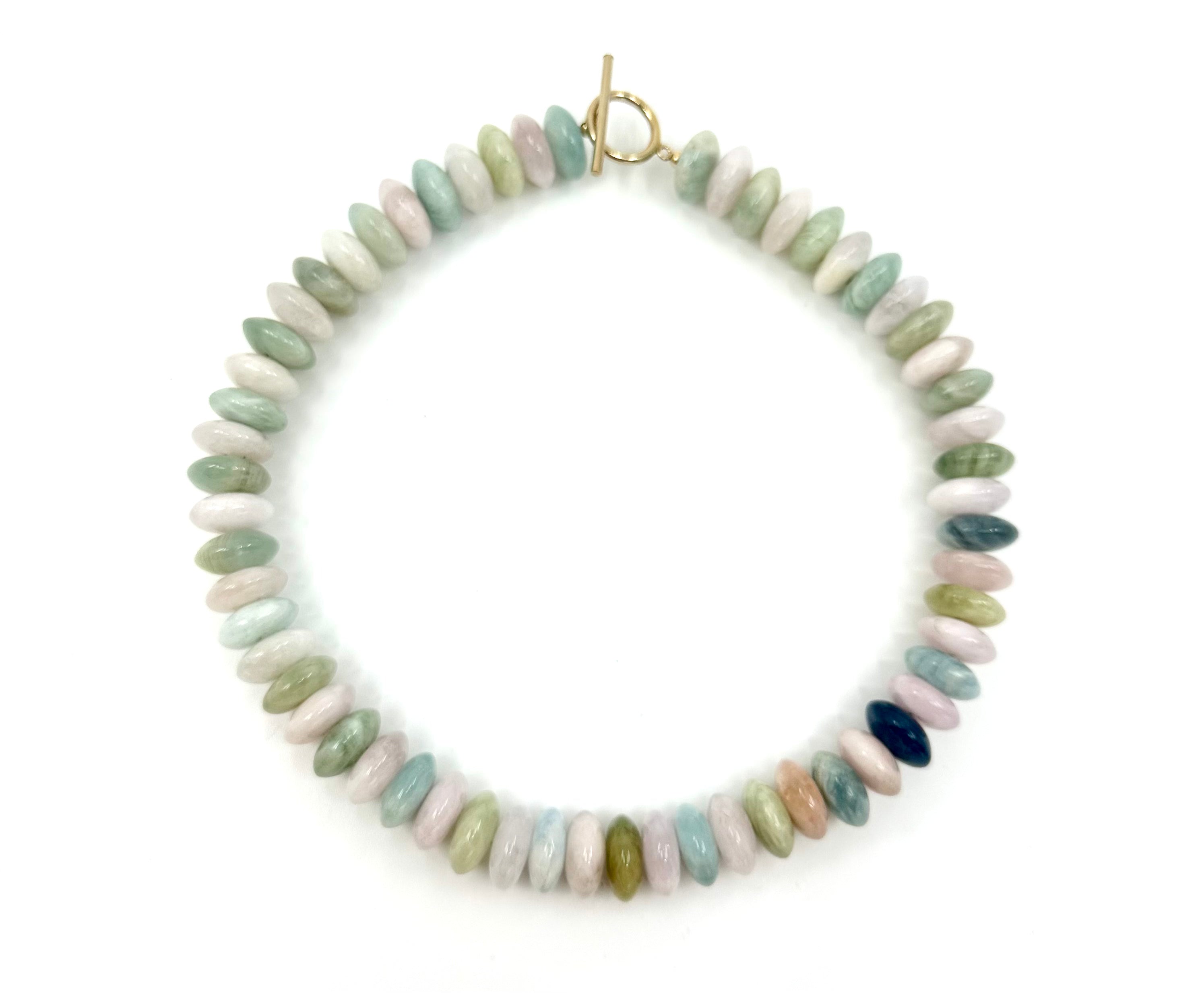 Multi-color aquamarine choker with gold-filled clasp, 16" length