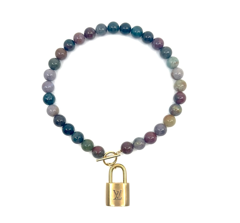 Elegant agate bracelet by Rraine Jewelry featuring a Louis Vuitton vintage lock and gold-filled clasp, measuring 16 inches in length.