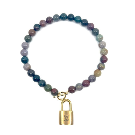 Elegant agate bracelet by Rraine Jewelry featuring a Louis Vuitton vintage lock and gold-filled clasp, measuring 16 inches in length.