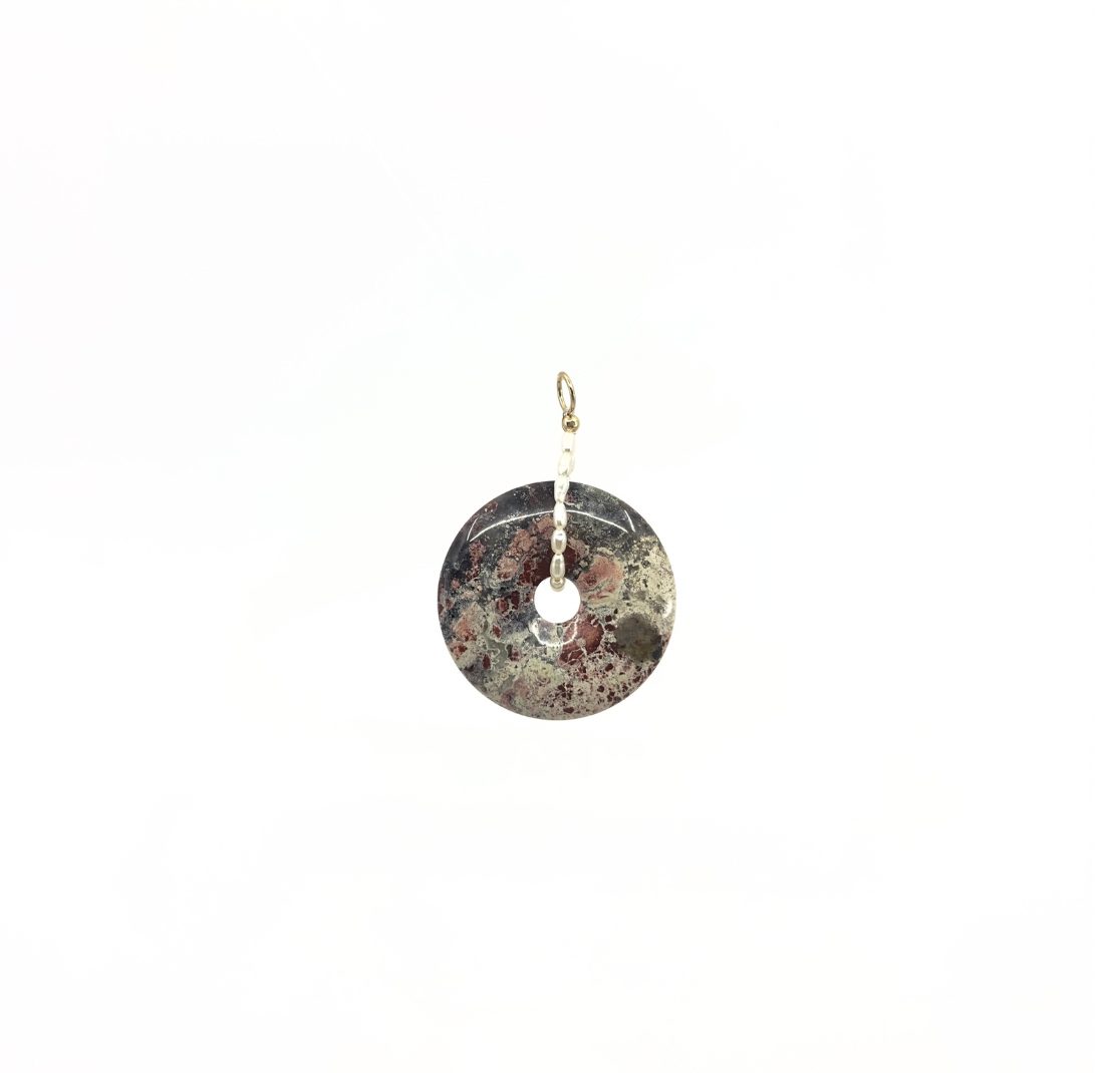 Speckled jasper pendant with gold-filled details and pearls, 40mm in size, designed to pair with a thin pearl choker.