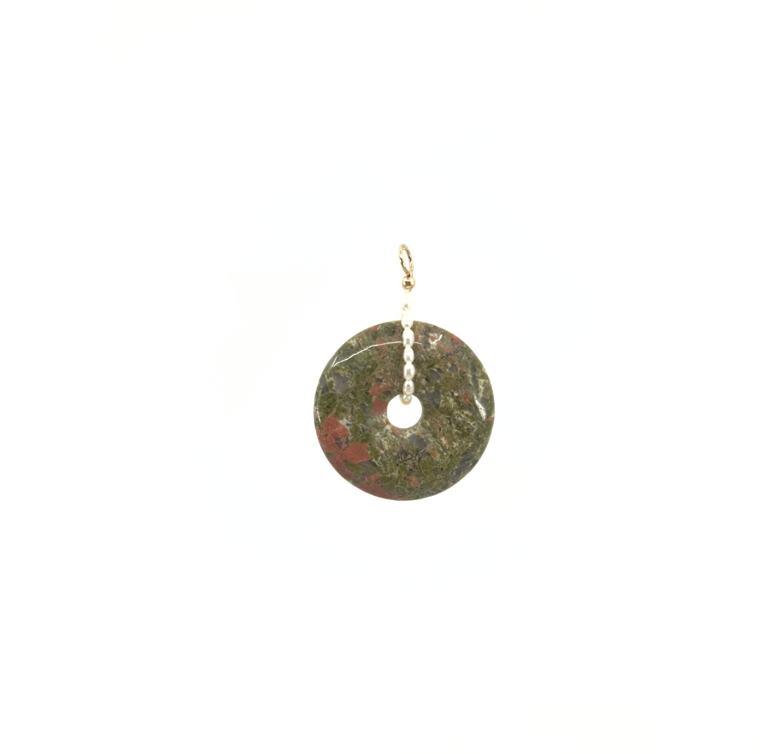 Unakite pendant with gold-filled details and pearls, 40mm in size, designed to pair with a thin pearl choker.