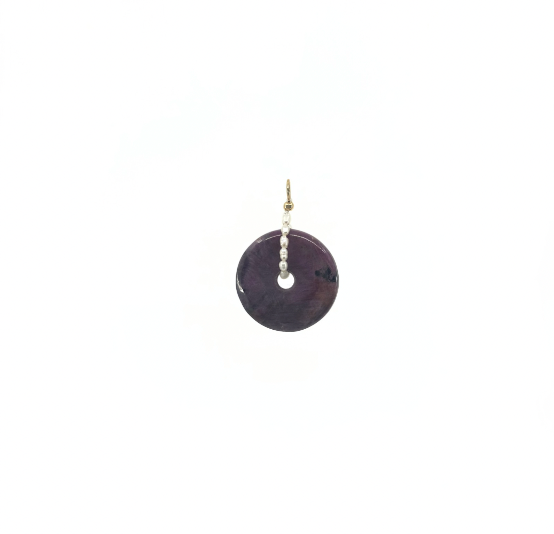 Purple jade pendant with gold-filled details and pearls, 35mm in size, designed to pair with a thin pearl choker