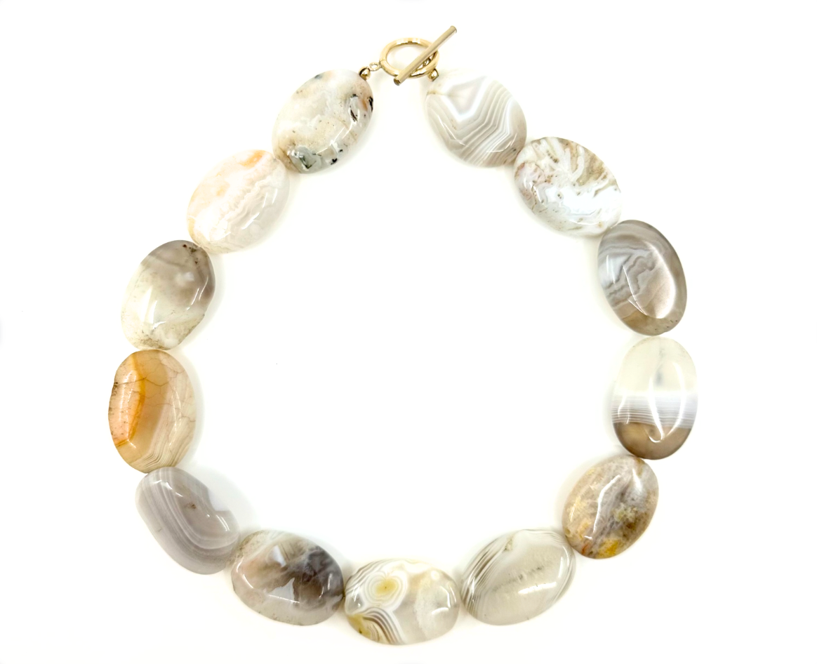 Agate Choker by Rraine Jewelry featuring natural agate stones and a gold-filled clasp, measuring 15.75 inches in length