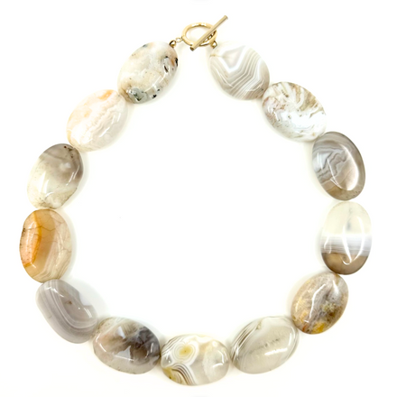 Agate Choker by Rraine Jewelry featuring natural agate stones and a gold-filled clasp, measuring 15.75 inches in length