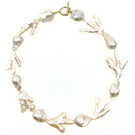 asymmetrical pearl choker by Rraine Jewelry featuring irregular natural pearls and a gold-filled clasp, measuring 16.25 inches in length.