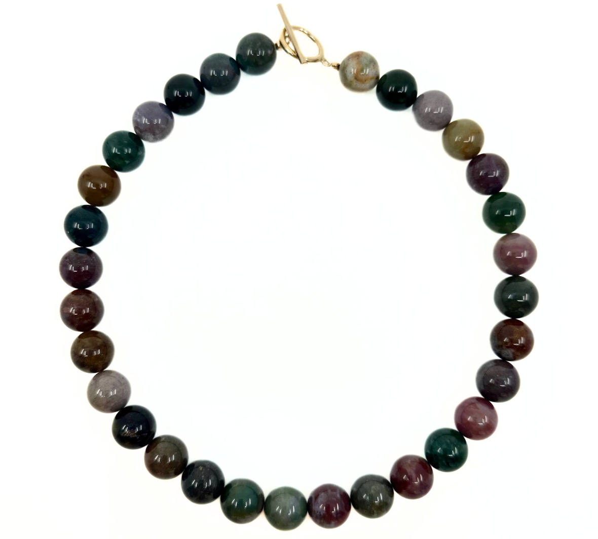 Round agate choker with a 16'' gold-filled clasp, featuring multicolored agate beads