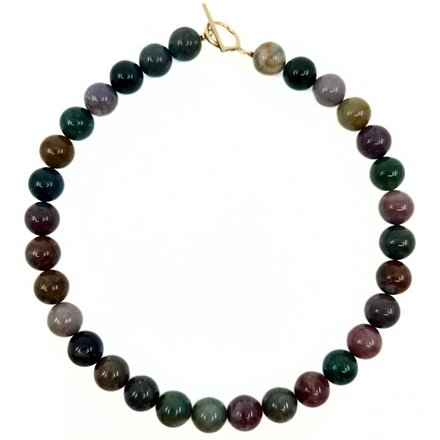 Round agate choker with a 16'' gold-filled clasp, featuring multicolored agate beads