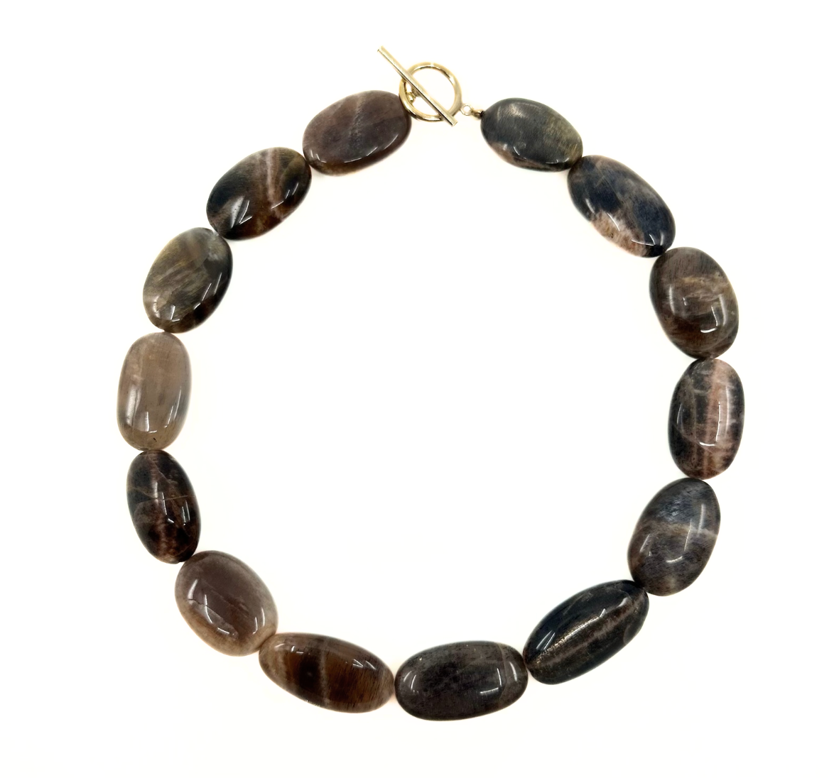 Elegant black moonstone choker by rraine featuring natural black moonstone beads and a gold-filled clasp, measuring 15.5 inches in length.