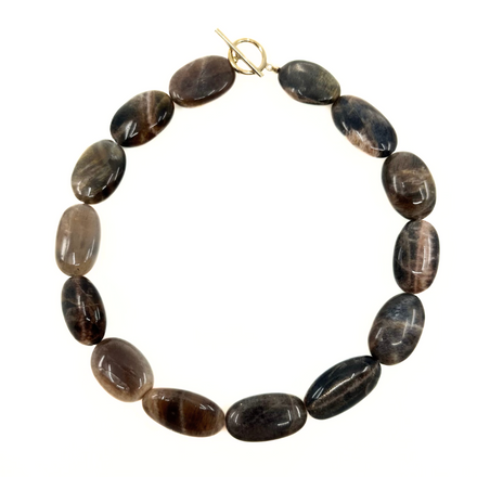 Elegant black moonstone choker by rraine featuring natural black moonstone beads and a gold-filled clasp, measuring 15.5 inches in length.