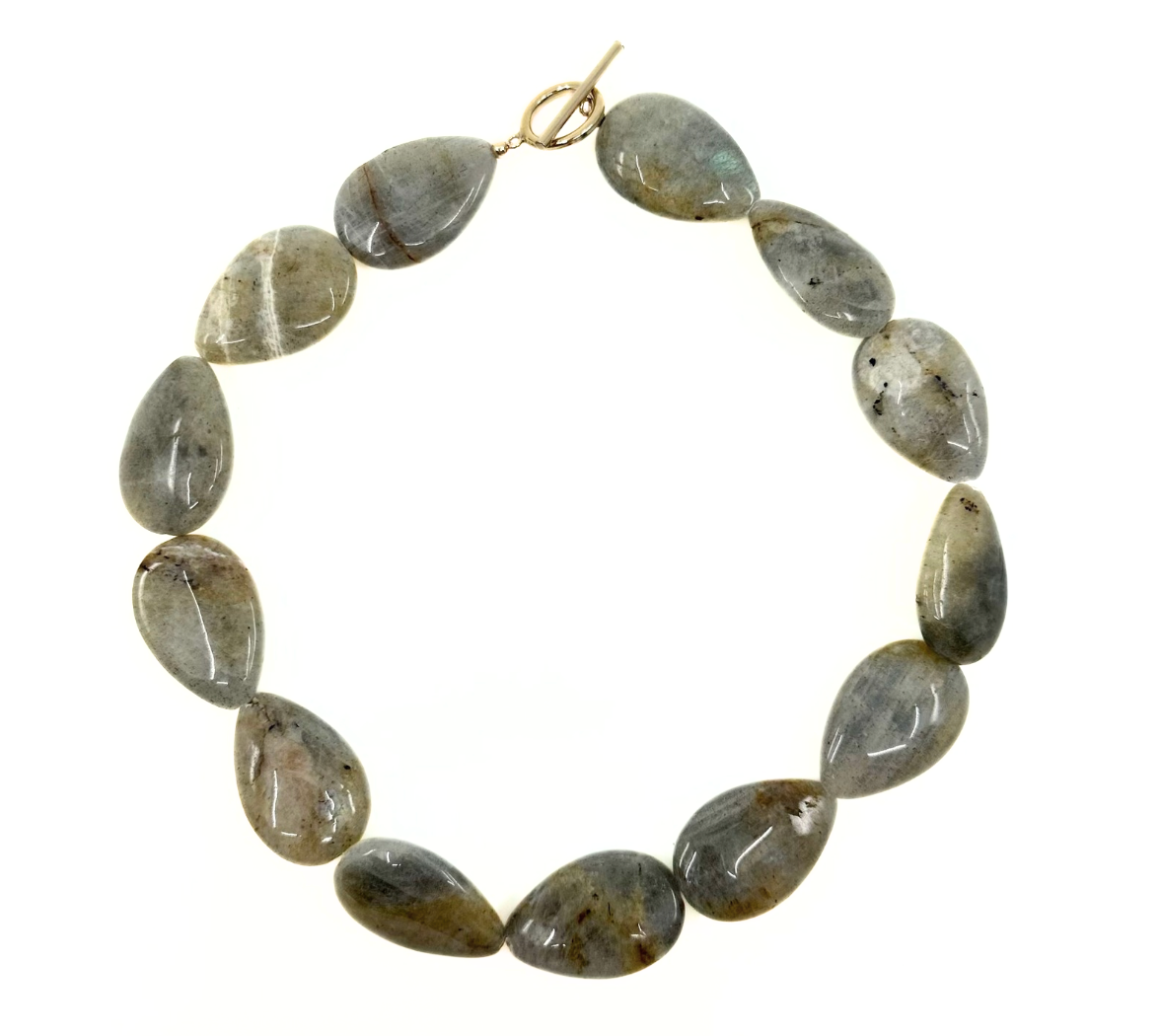 Elegant labradorite choker by rraine featuring natural labradorite stones and a gold-filled clasp, measuring 15.75 inches in length