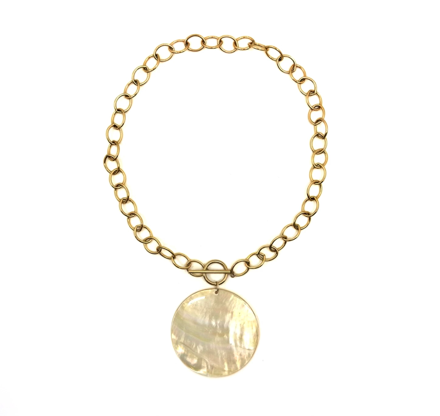 Mother of Pearl Coin Necklace with a 16-inch gold-filled chain and 50mm pendant