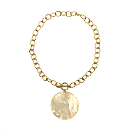 Mother of Pearl Coin Necklace with a 16-inch gold-filled chain and 50mm pendant